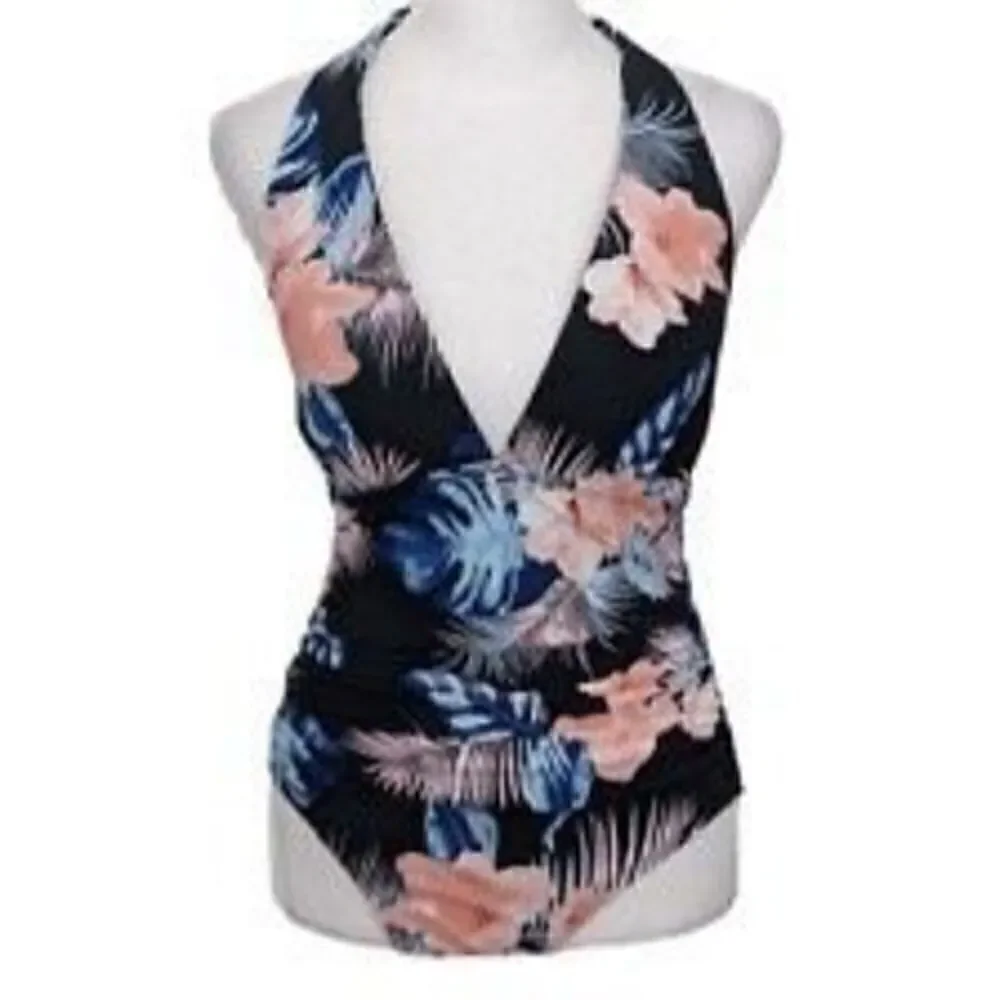 DKNY Women’s Size Large One Piece Tummy Control Halter Swimsuit Black Floral - Picture 3 of 7